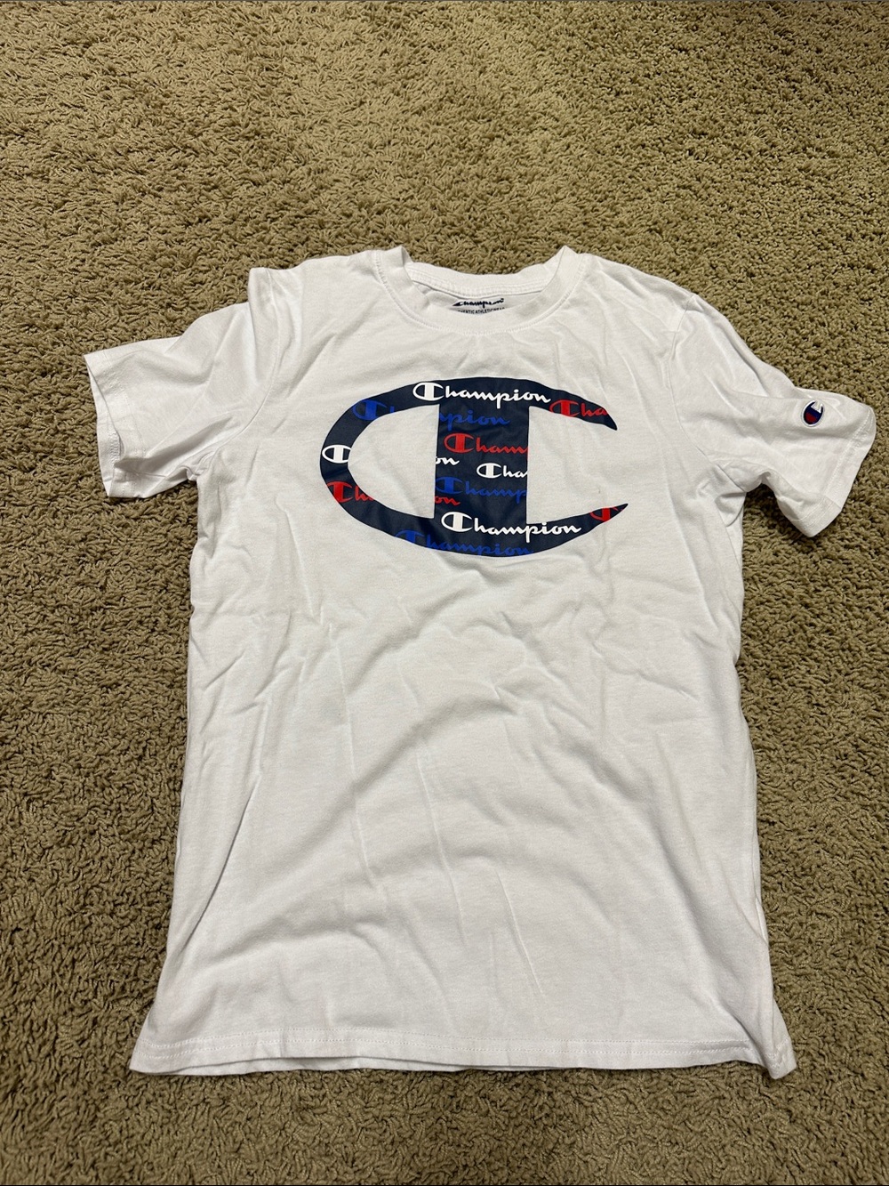 Champion White Short-Sleeve Tee with Blue & Red Logo